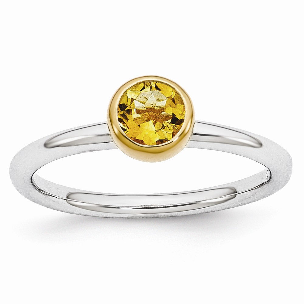 Two Tone Sterling Silver Stackable 5mm Round Citrine Ring, Item R11015 by The Black Bow Jewelry Co.