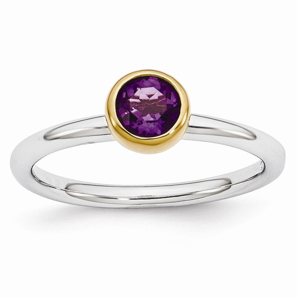 Two Tone Sterling Silver Stackable 5mm Round Amethyst Ring, Item R11024 by The Black Bow Jewelry Co.
