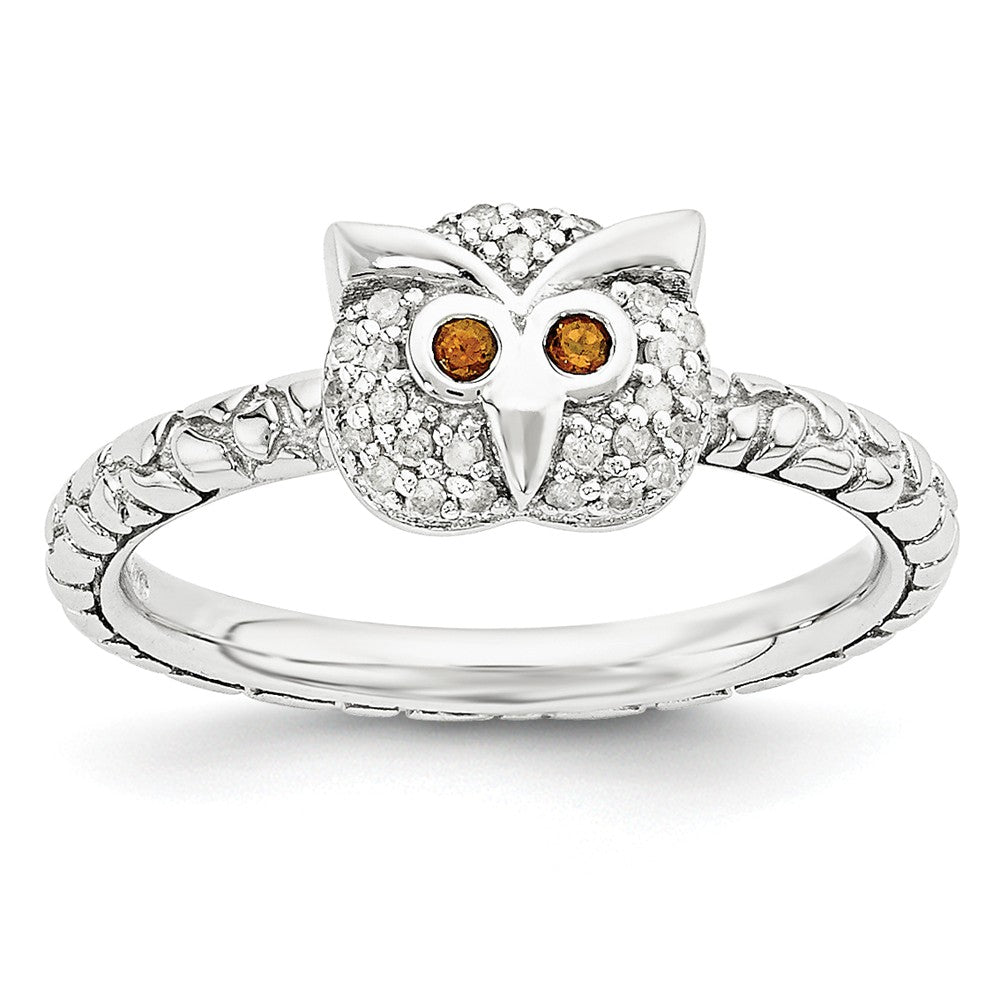 Sterling Silver, Garnet &amp; .135 Ctw I3 H-I Diamond 7mm Owl Stack Ring, Item R11032 by The Black Bow Jewelry Co.