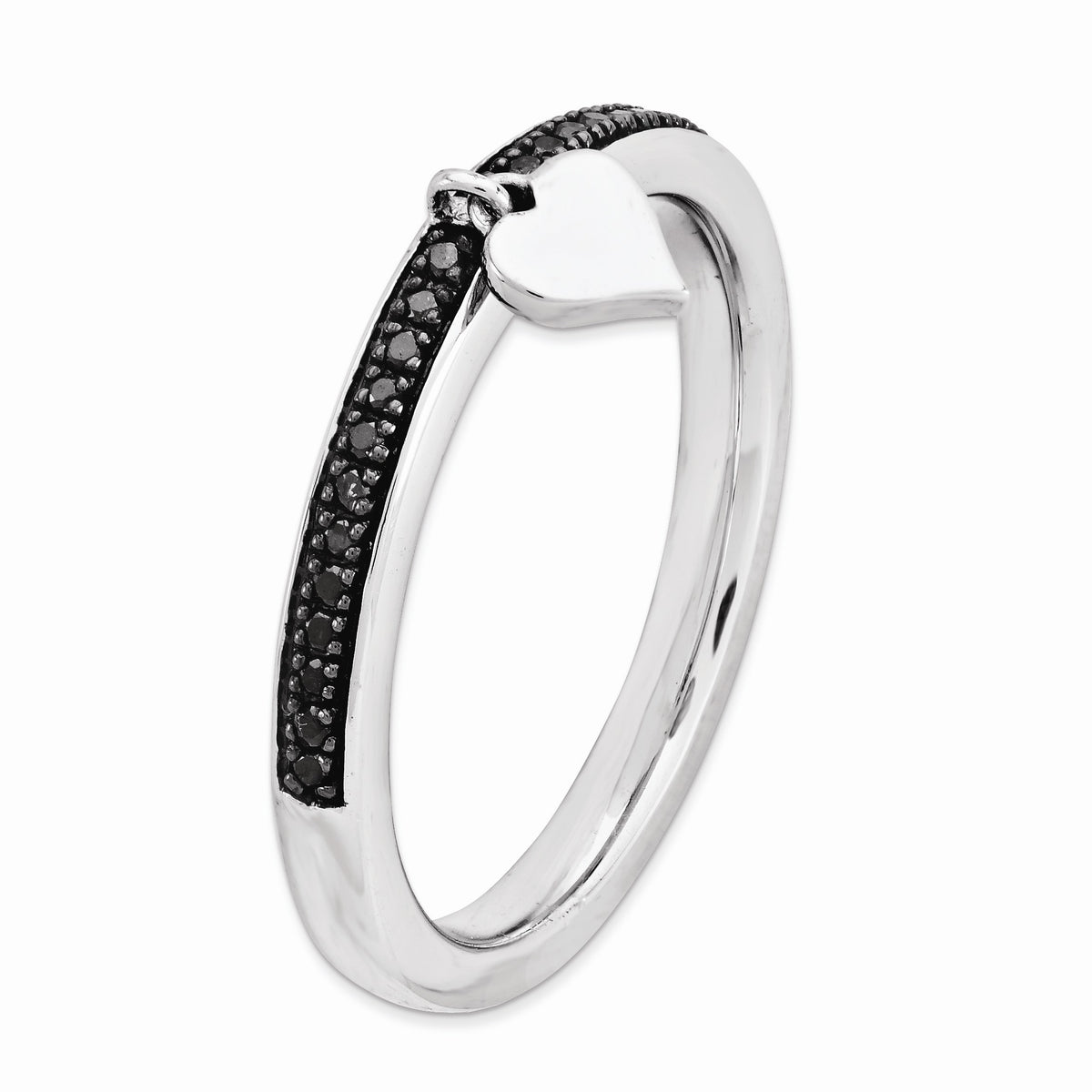 Alternate view of the Sterling Silver 4mm Dangle Heart, Black &amp; White Diamond Stackable Ring by The Black Bow Jewelry Co.