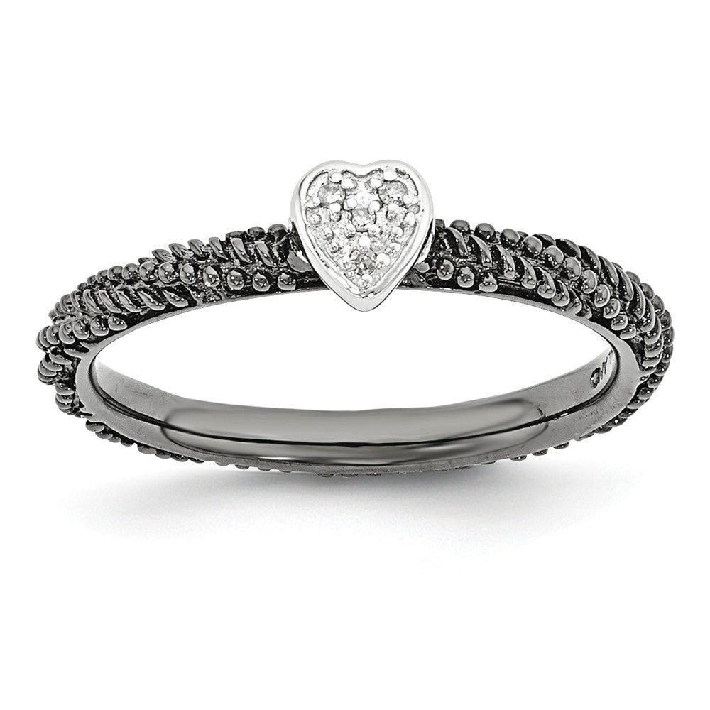 Black Plated Sterling Silver .02 Ctw Diamond 5mm Heart Stackable  Ring, Item R11053 by The Black Bow Jewelry Co.