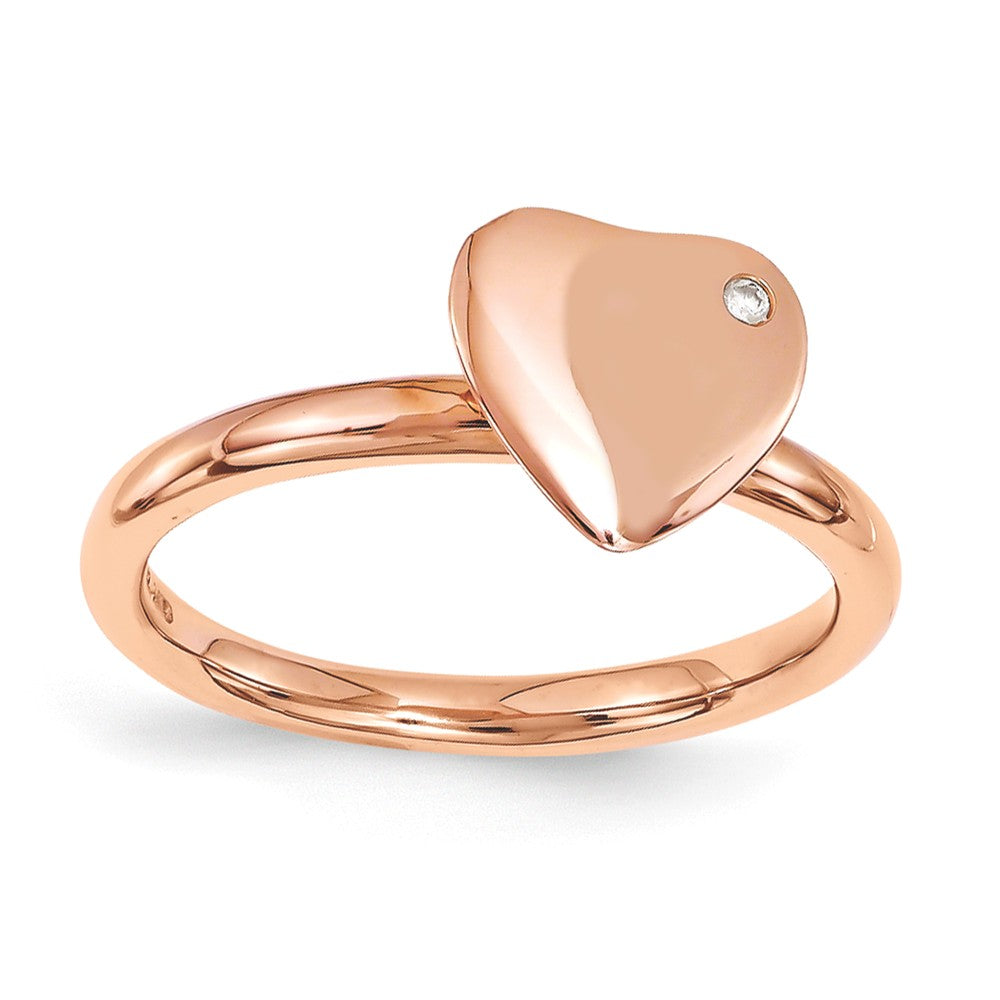 14k Rose Gold Plated Sterling Silver 8mm Heart 1pt Diamond Stack Ring, Item R11057 by The Black Bow Jewelry Co.