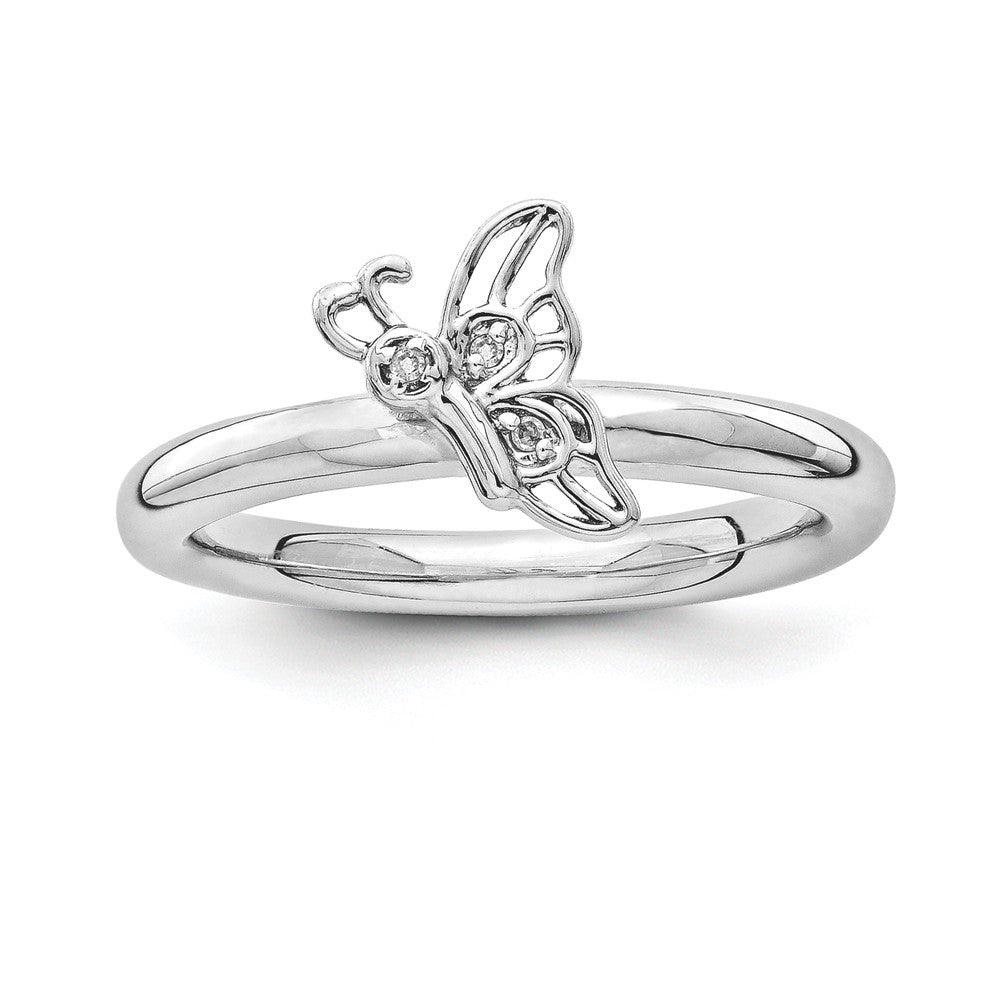 Rhodium Sterling Silver .015 Ctw Diamond 9mm Butterfly Stackable Ring, Item R11060 by The Black Bow Jewelry Co.