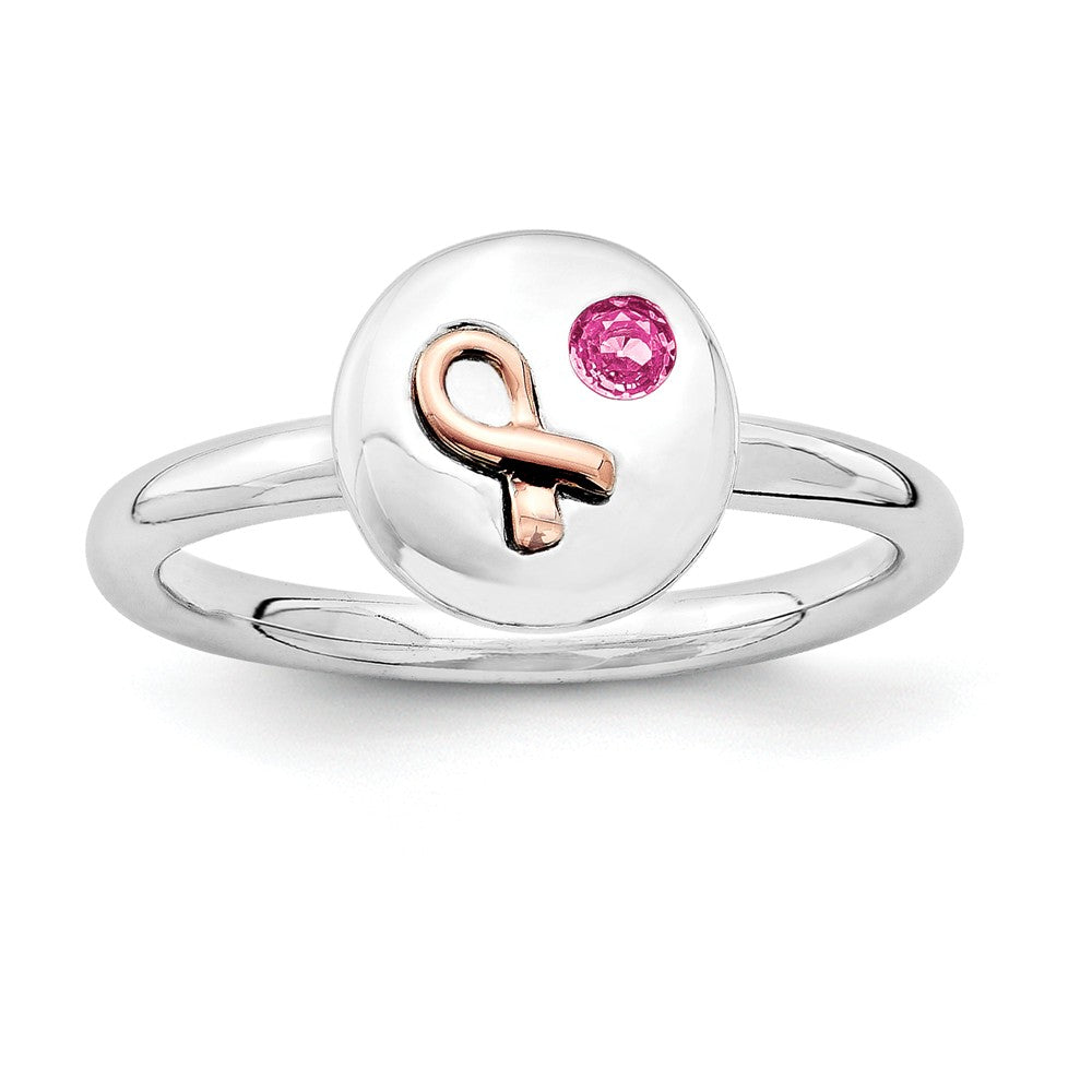 Sterling Silver 14k Rose Gold Ribbon Pink Sapphire 9mm Disc Stack Ring, Item R11069 by The Black Bow Jewelry Co.
