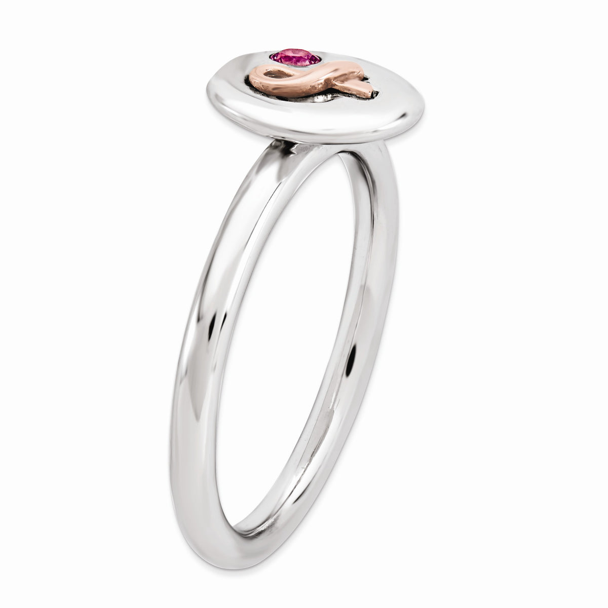 Alternate view of the Sterling Silver 14k Rose Gold Ribbon Pink Sapphire 9mm Disc Stack Ring by The Black Bow Jewelry Co.