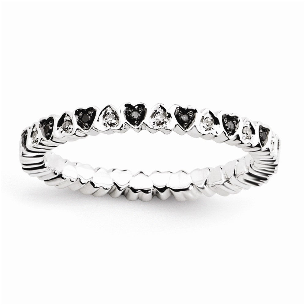 2.5mm Sterling Silver .12 Ctw Black &amp; White Diamond Heart Stack Band, Item R11087 by The Black Bow Jewelry Co.