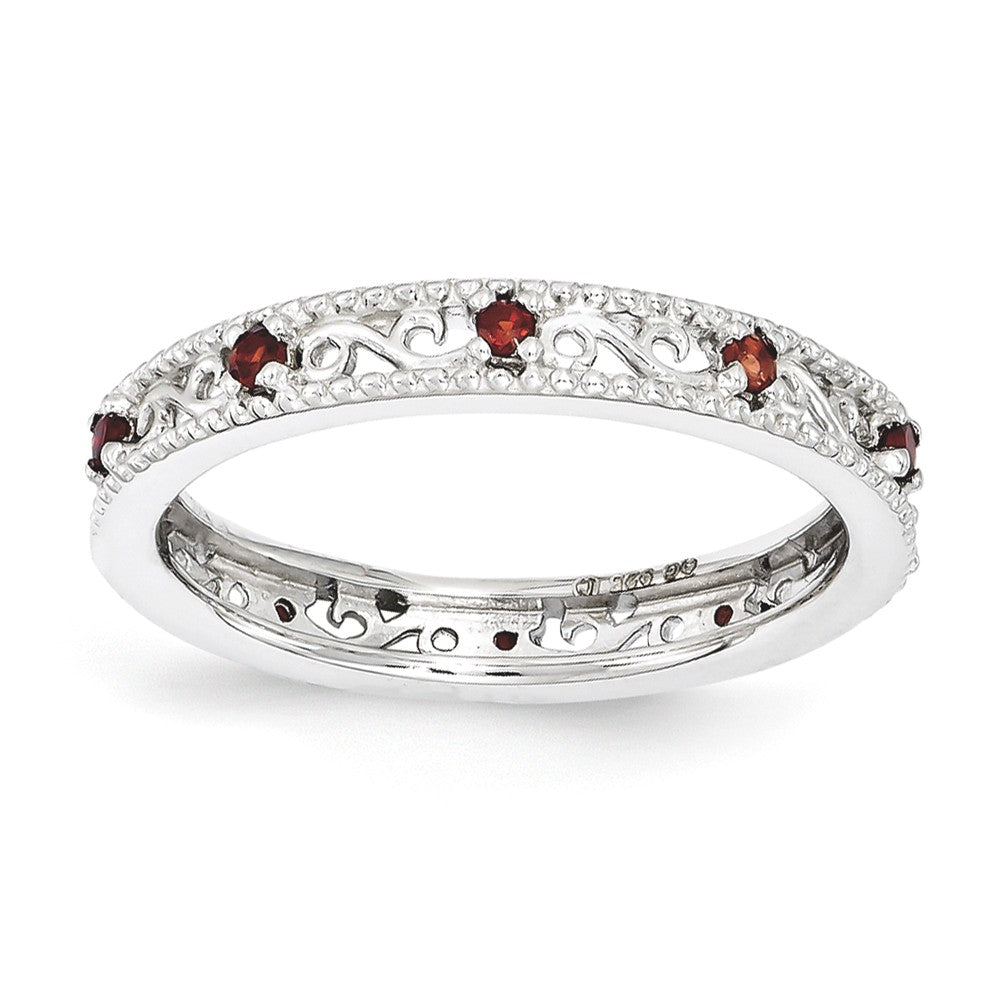 3mm Sterling Silver Stackable Expressions Garnet Scroll Band, Item R11101 by The Black Bow Jewelry Co.