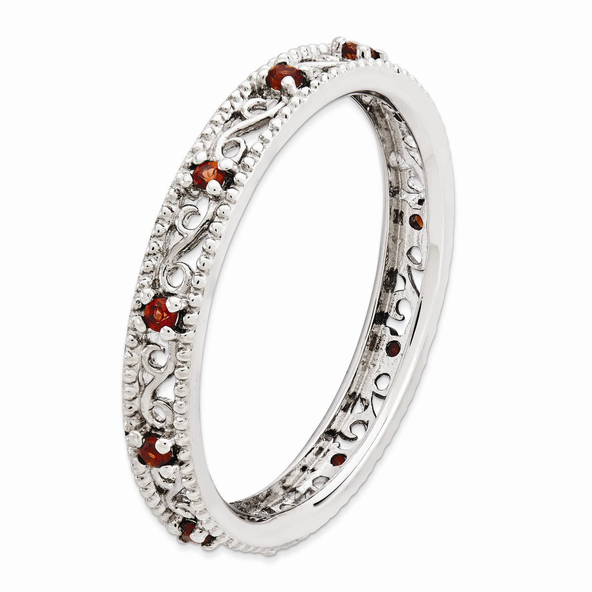 Alternate view of the 3mm Sterling Silver Stackable Expressions Garnet Scroll Band by The Black Bow Jewelry Co.
