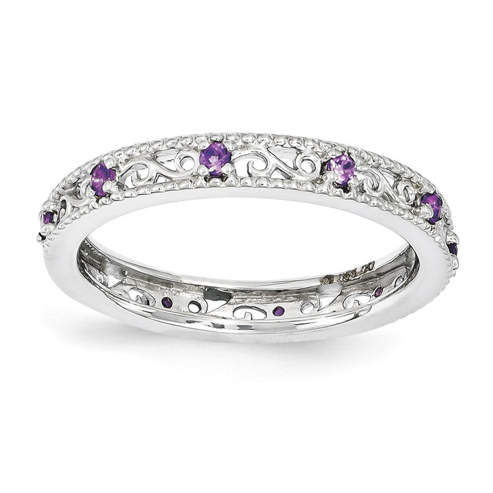 3mm Sterling Silver Stackable Expressions Amethyst Scroll Band, Item R11102 by The Black Bow Jewelry Co.