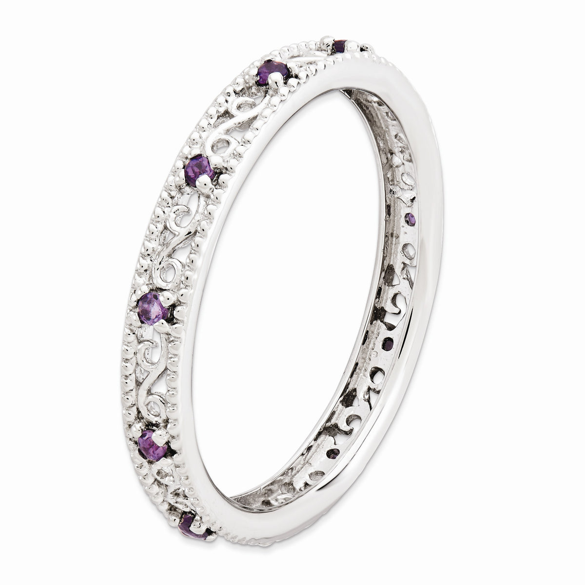 Alternate view of the 3mm Sterling Silver Stackable Expressions Amethyst Scroll Band by The Black Bow Jewelry Co.