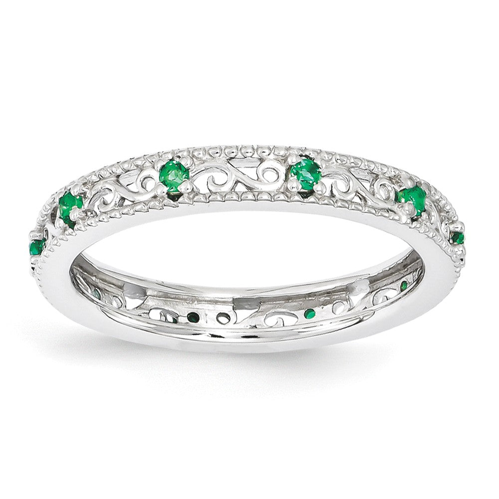 3mm Sterling Silver Stackable Expressions Created Emerald Scroll Band, Item R11105 by The Black Bow Jewelry Co.