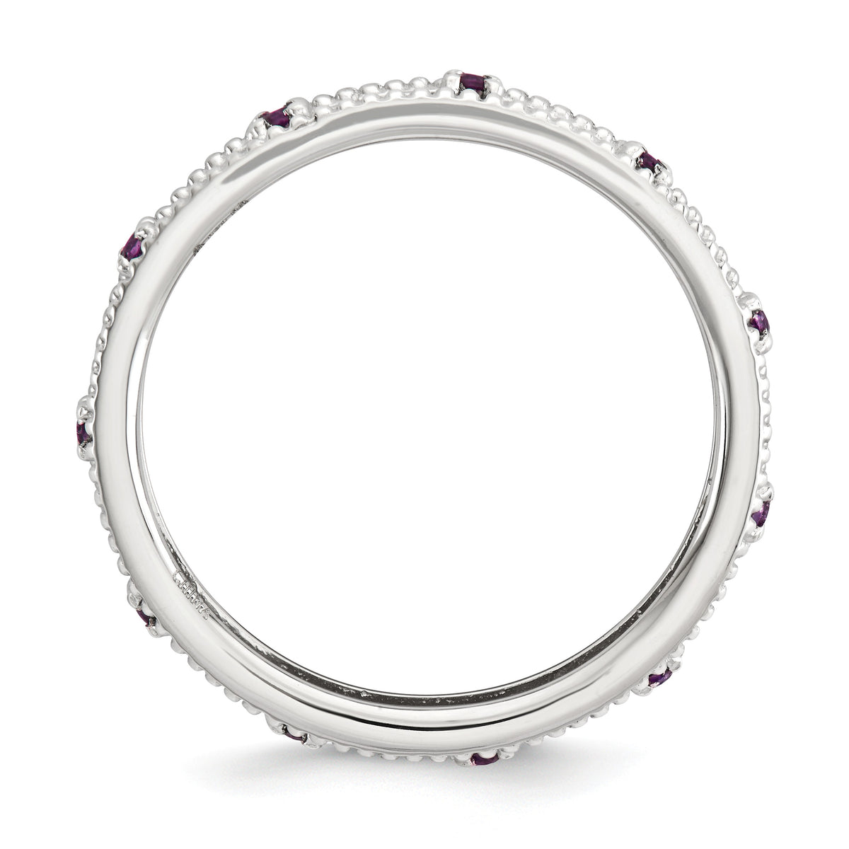 Alternate view of the 3mm Sterling Silver Stackable Expressions Rhodolite Garnet Scroll Band by The Black Bow Jewelry Co.