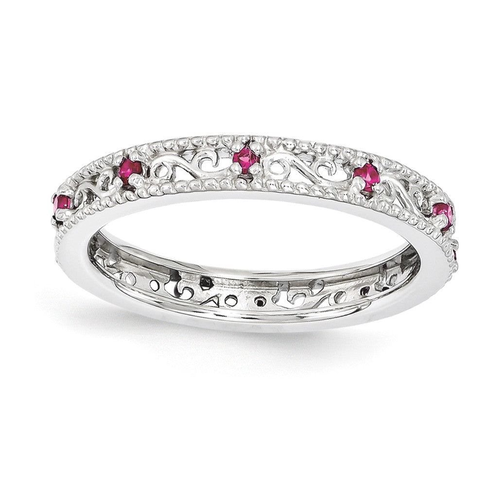 3mm Sterling Silver Stackable Expressions Created Ruby Scroll Band, Item R11107 by The Black Bow Jewelry Co.
