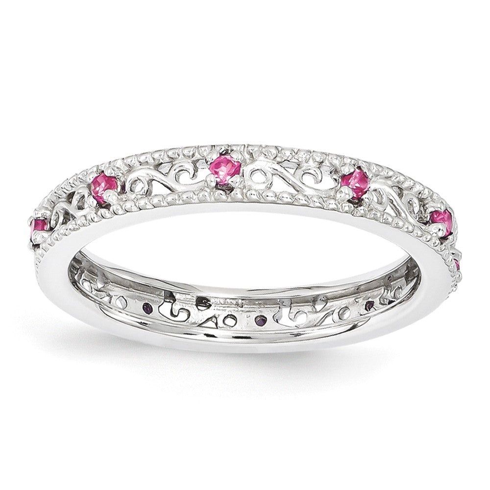 3mm Sterling Silver Stackable Created Pink Sapphire Scroll Band, Item R11110 by The Black Bow Jewelry Co.