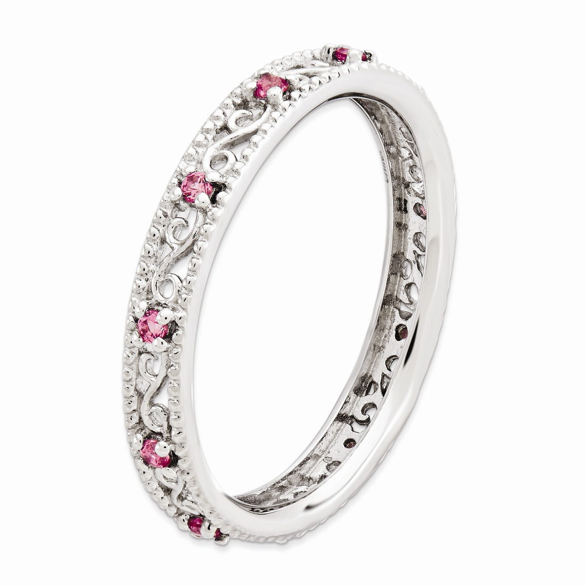 Alternate view of the 3mm Sterling Silver Stackable Created Pink Sapphire Scroll Band by The Black Bow Jewelry Co.