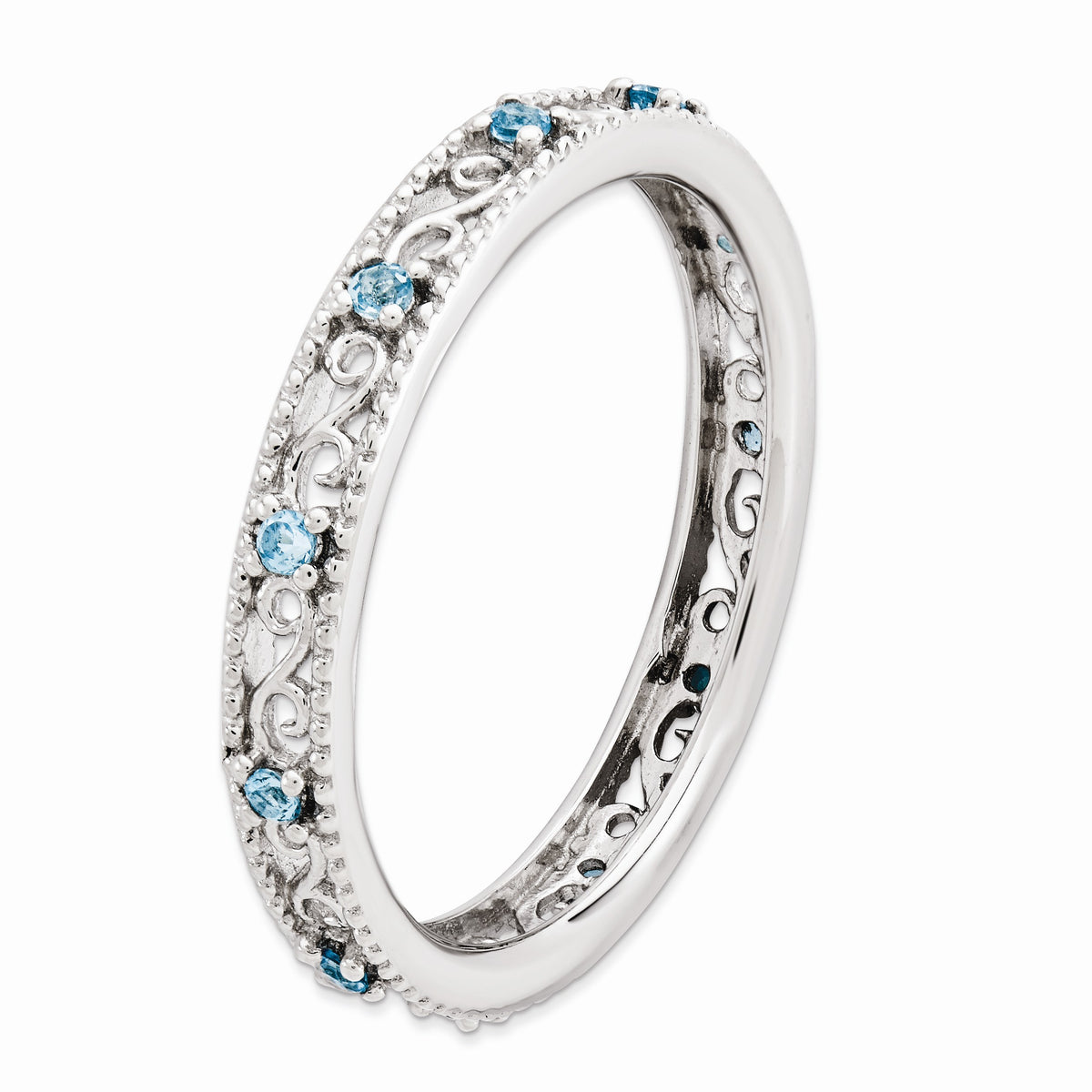 Alternate view of the 3mm Sterling Silver Stackable Expressions Blue Topaz Scroll Band by The Black Bow Jewelry Co.