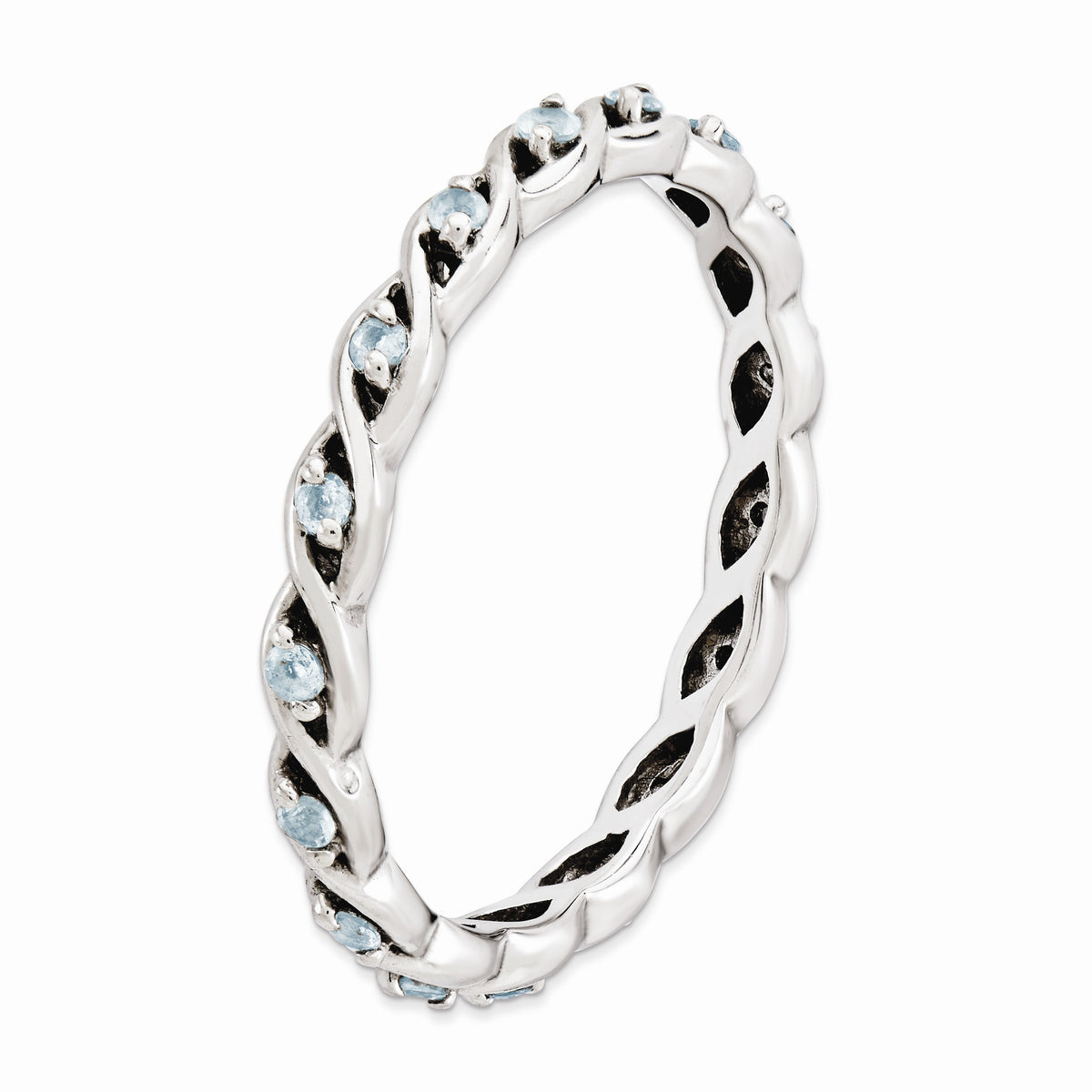 Alternate view of the 2.5mm Rhodium Plated Sterling Silver Stackable Aquamarine Twist Band by The Black Bow Jewelry Co.
