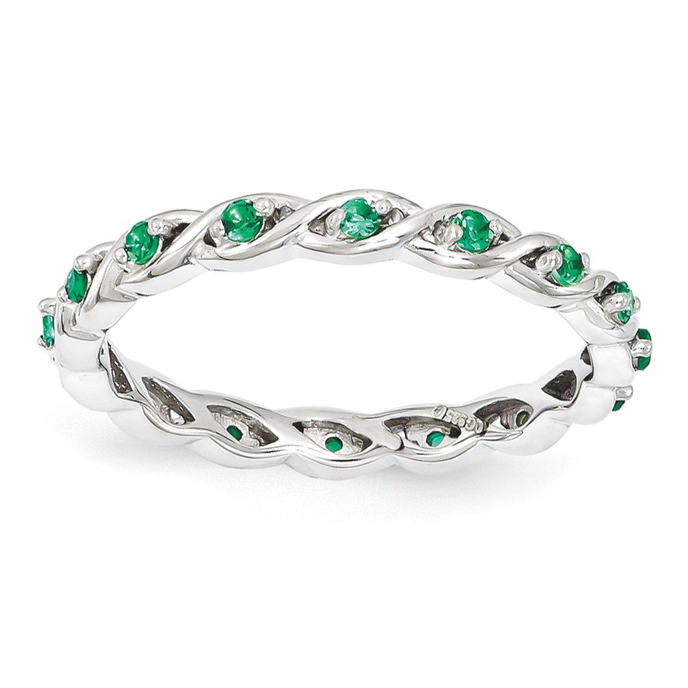 2.5mm Rhodium Sterling Silver Stackable Created Emerald Twist Band, Item R11117 by The Black Bow Jewelry Co.