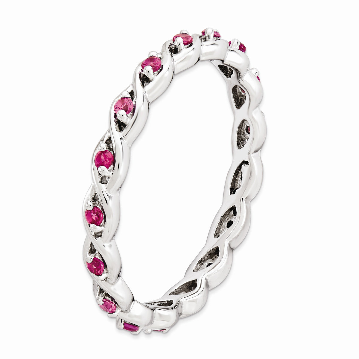 Alternate view of the 2.5mm Rhodium Plated Sterling Silver Stackable Created Ruby Twist Band by The Black Bow Jewelry Co.