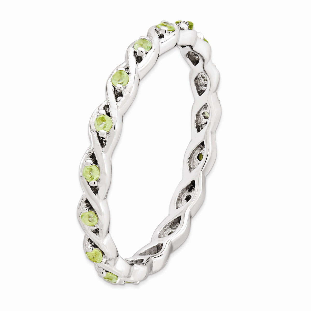 Alternate view of the 2.5mm Rhodium Plated Sterling Silver Stackable Peridot Twist Band by The Black Bow Jewelry Co.