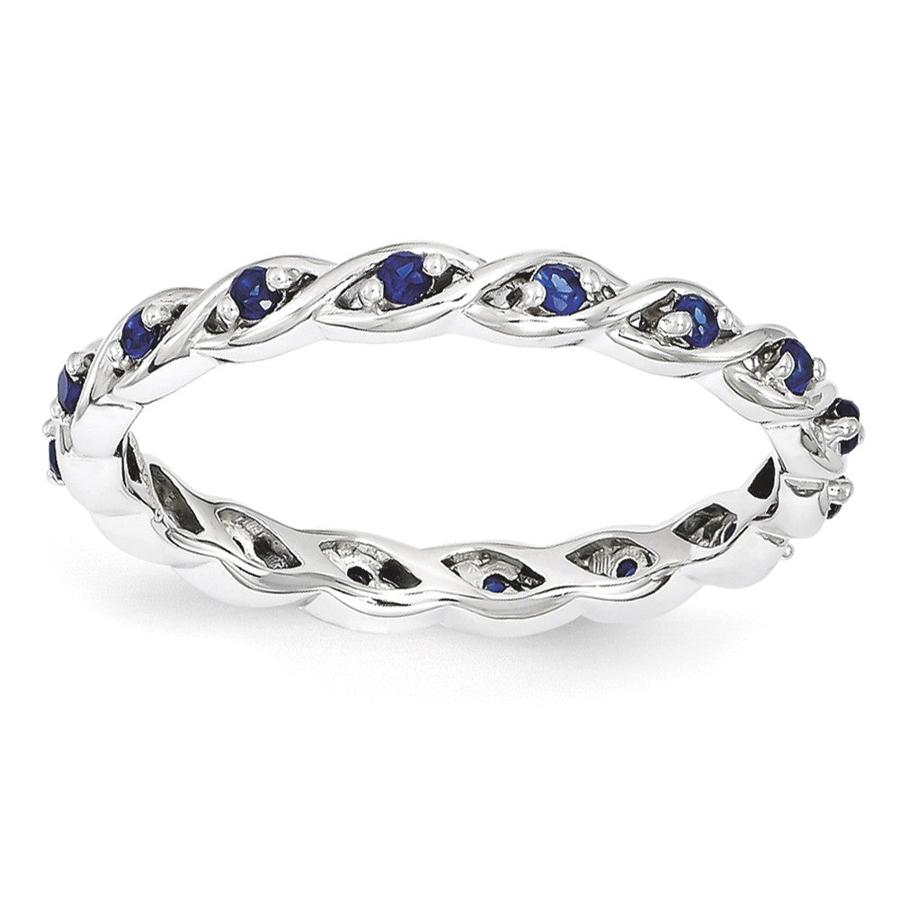 2.5mm Rhodium Sterling Silver Stackable Created Sapphire Twist Band, Item R11121 by The Black Bow Jewelry Co.