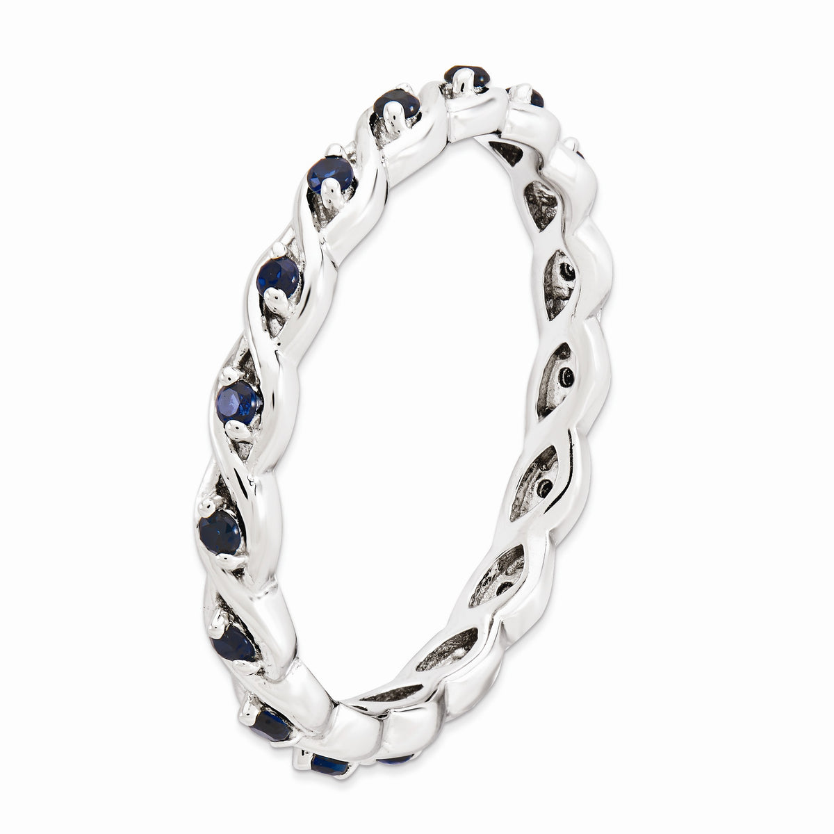 Alternate view of the 2.5mm Rhodium Sterling Silver Stackable Created Sapphire Twist Band by The Black Bow Jewelry Co.