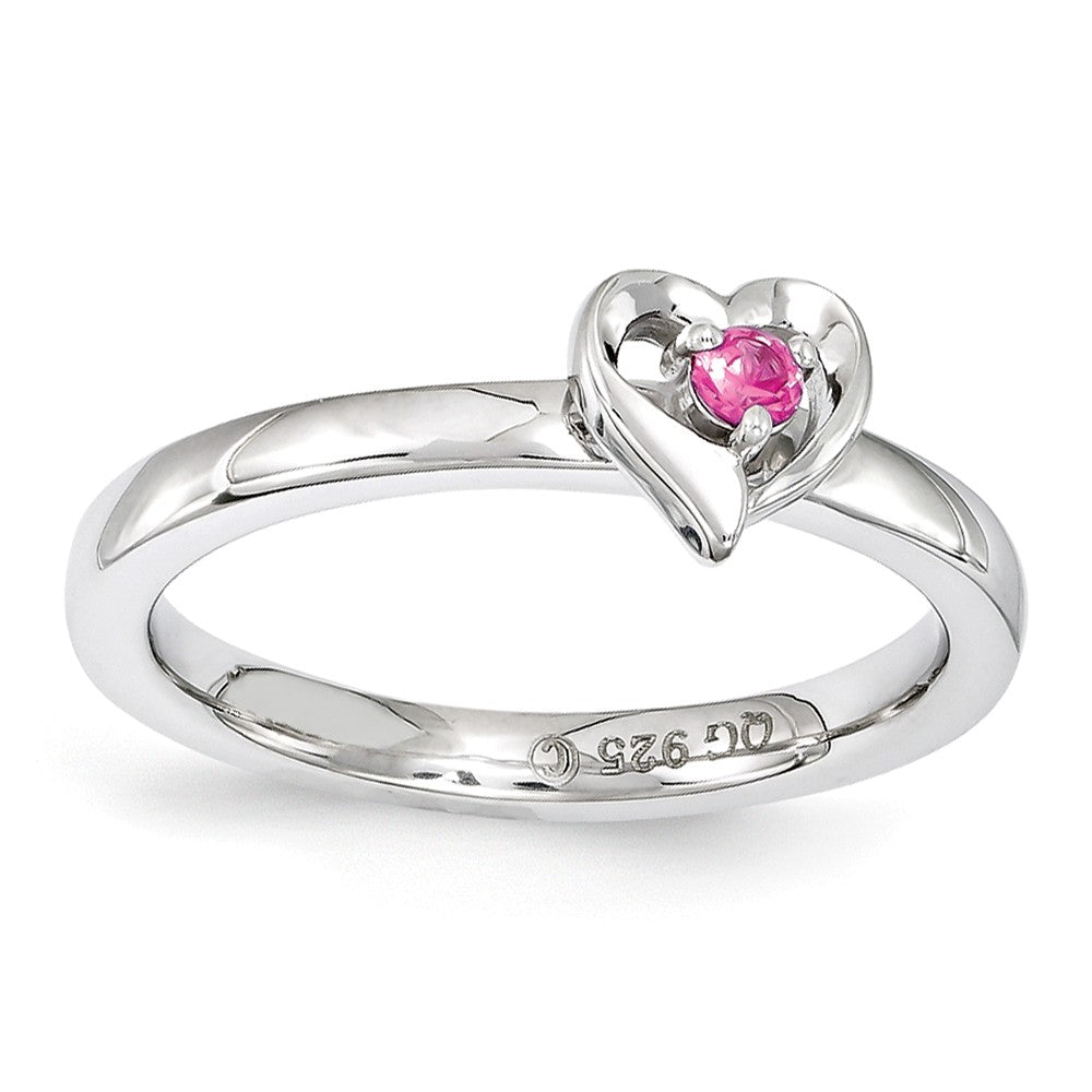 Sterling Silver Stackable Created Pink Sapphire 6mm Heart Ring, Item R11153 by The Black Bow Jewelry Co.