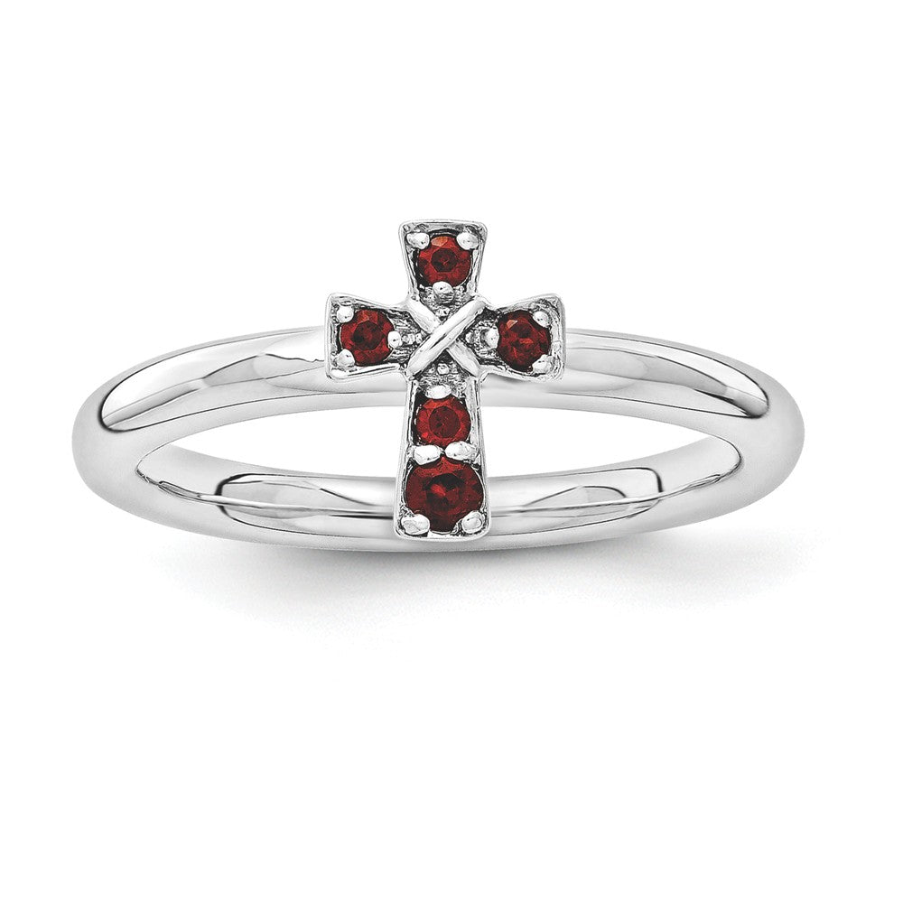 Rhodium Plated Sterling Silver Stackable Garnet 9mm Cross Ring, Item R11156 by The Black Bow Jewelry Co.
