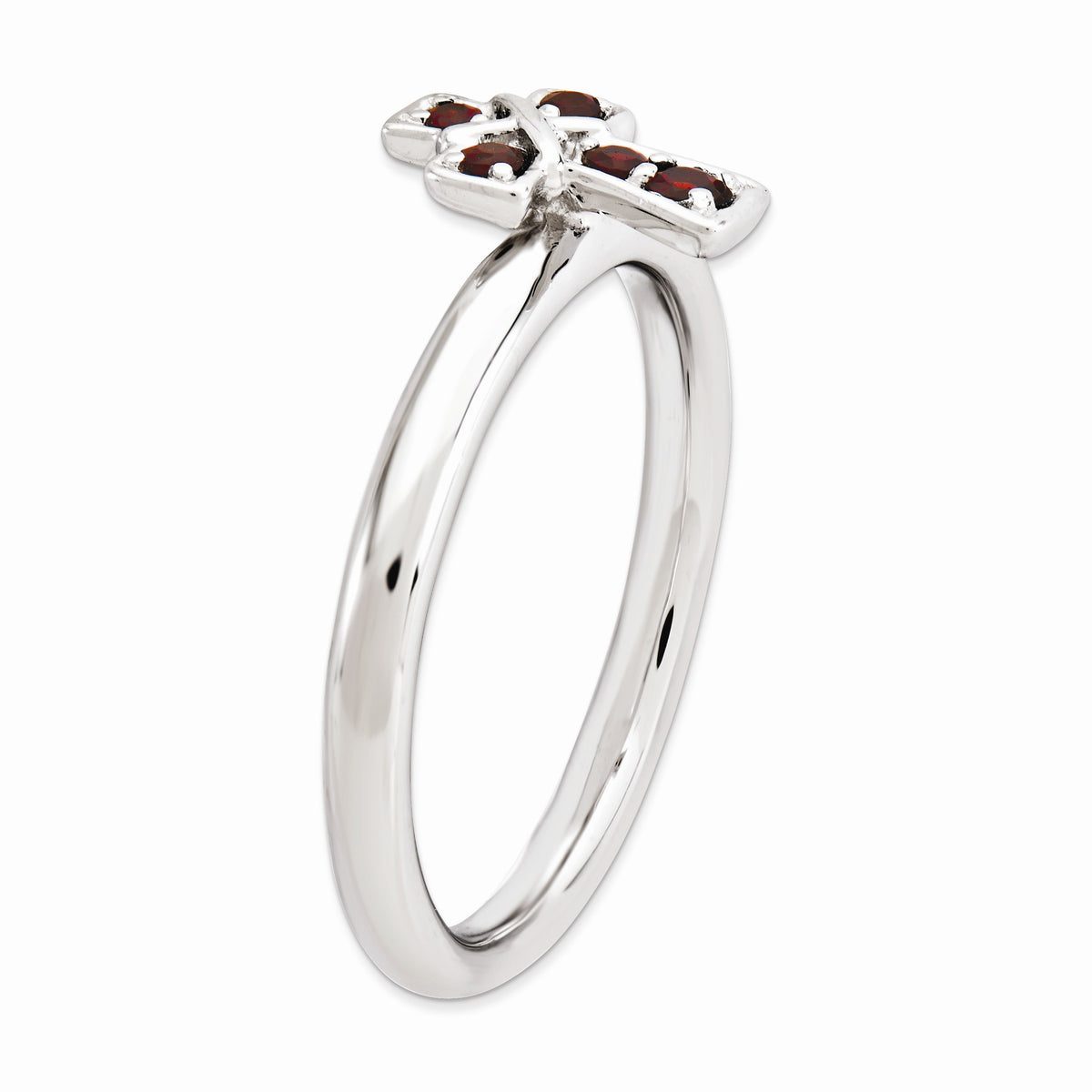 Alternate view of the Rhodium Plated Sterling Silver Stackable Garnet 9mm Cross Ring by The Black Bow Jewelry Co.