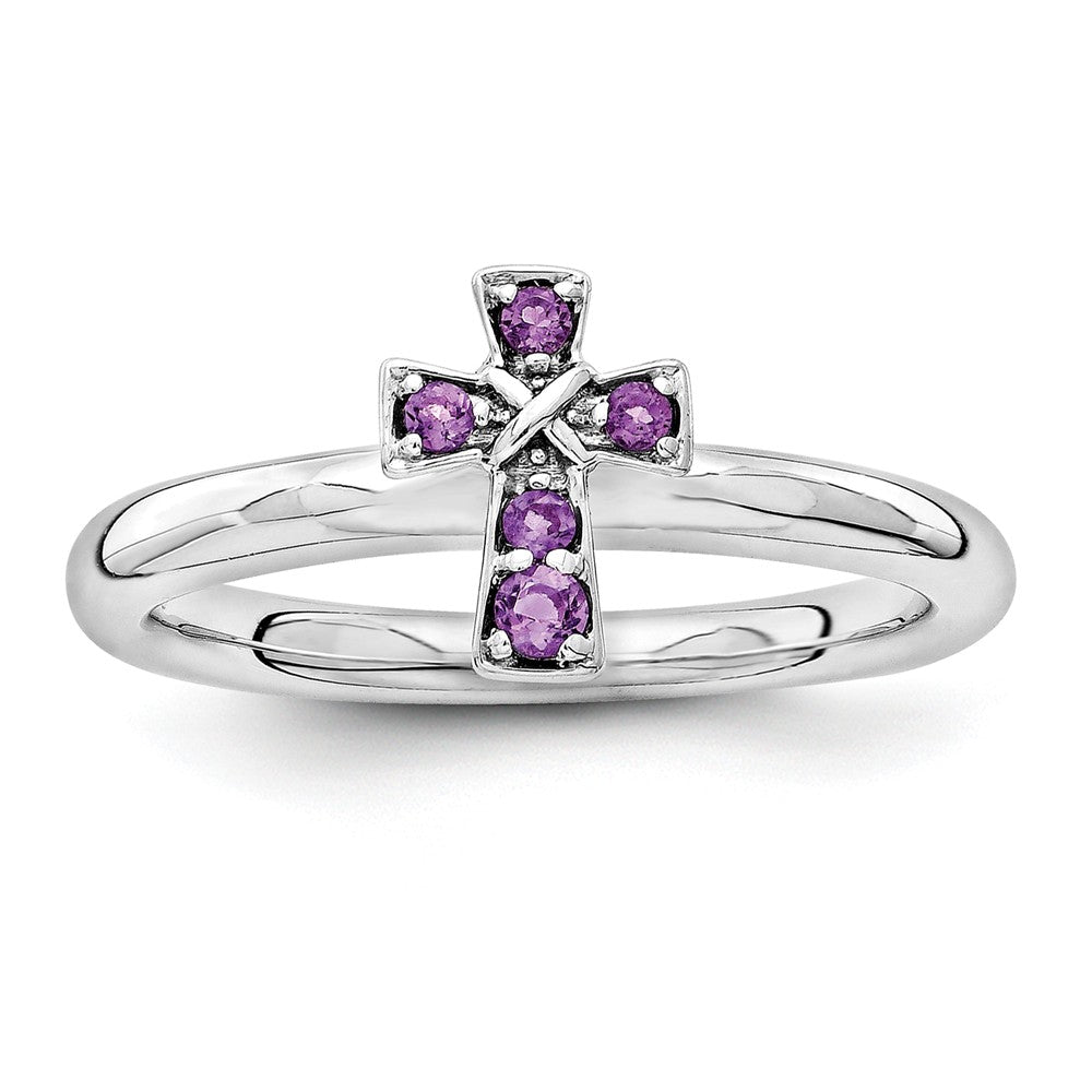 Rhodium Plated Sterling Silver Stackable Amethyst 9mm Cross Ring, Item R11157 by The Black Bow Jewelry Co.