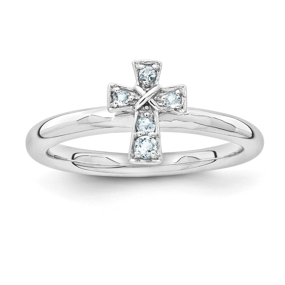 Rhodium Plated Sterling Silver Stackable Aquamarine 9mm Cross Ring, Item R11158 by The Black Bow Jewelry Co.