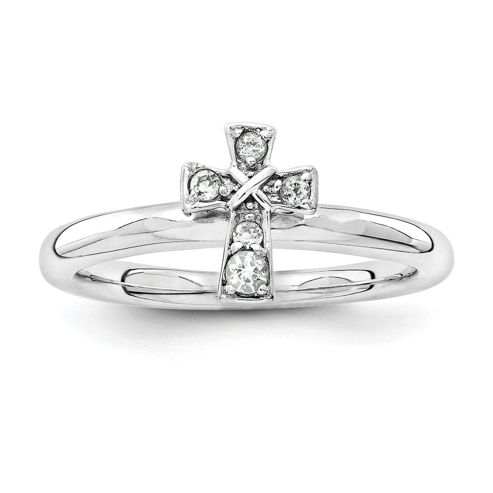 Rhodium Plated Sterling Silver Stackable White Topaz 9mm Cross Ring, Item R11159 by The Black Bow Jewelry Co.