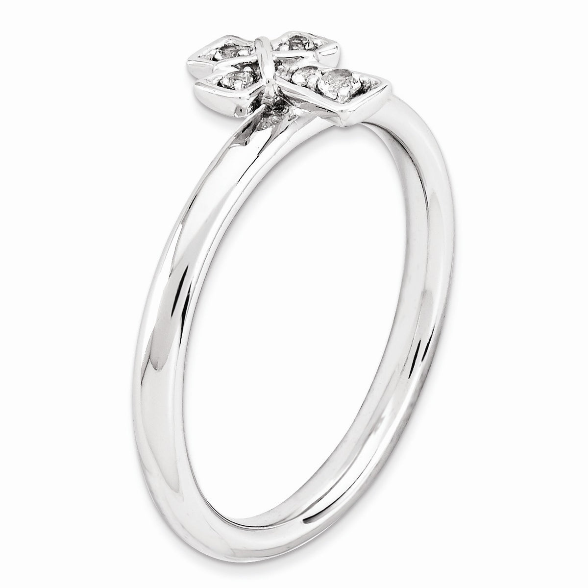 Alternate view of the Rhodium Plated Sterling Silver Stackable White Topaz 9mm Cross Ring by The Black Bow Jewelry Co.