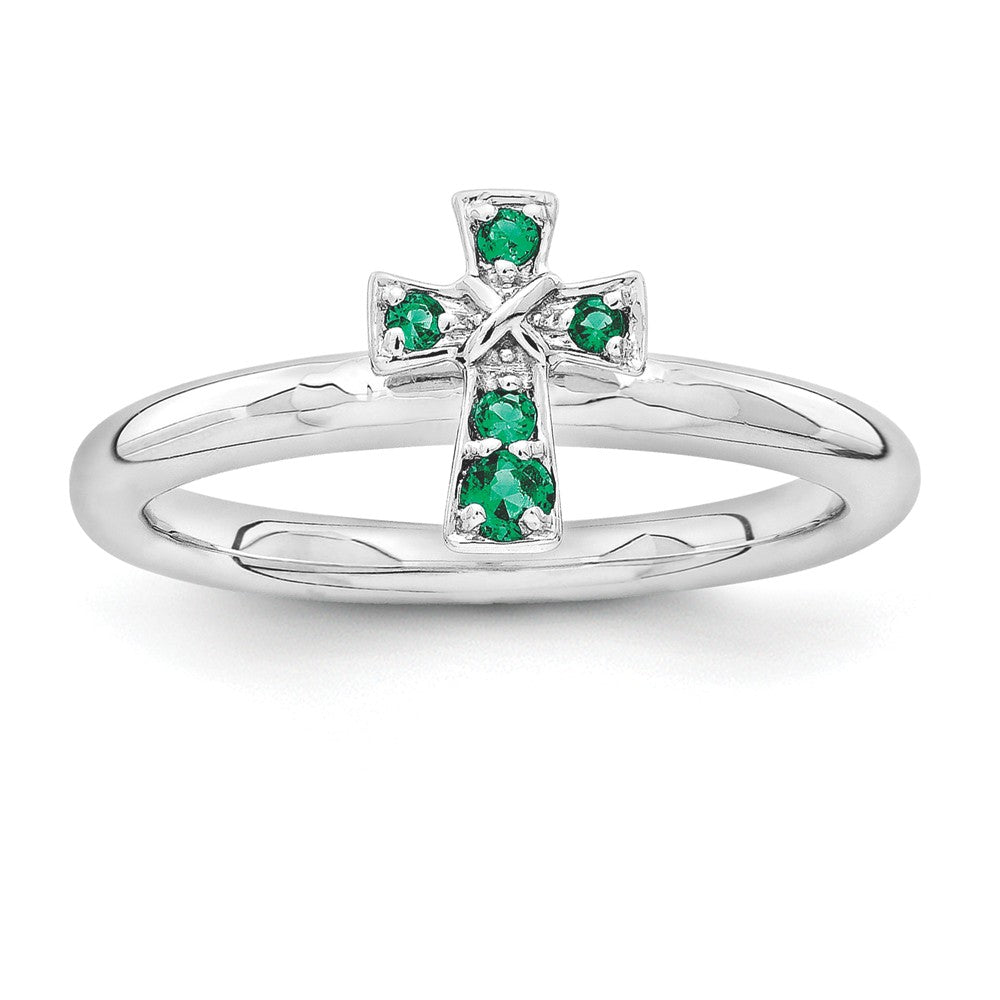 Rhodium Sterling Silver Stackable Created Emerald 9mm Cross Ring, Item R11160 by The Black Bow Jewelry Co.