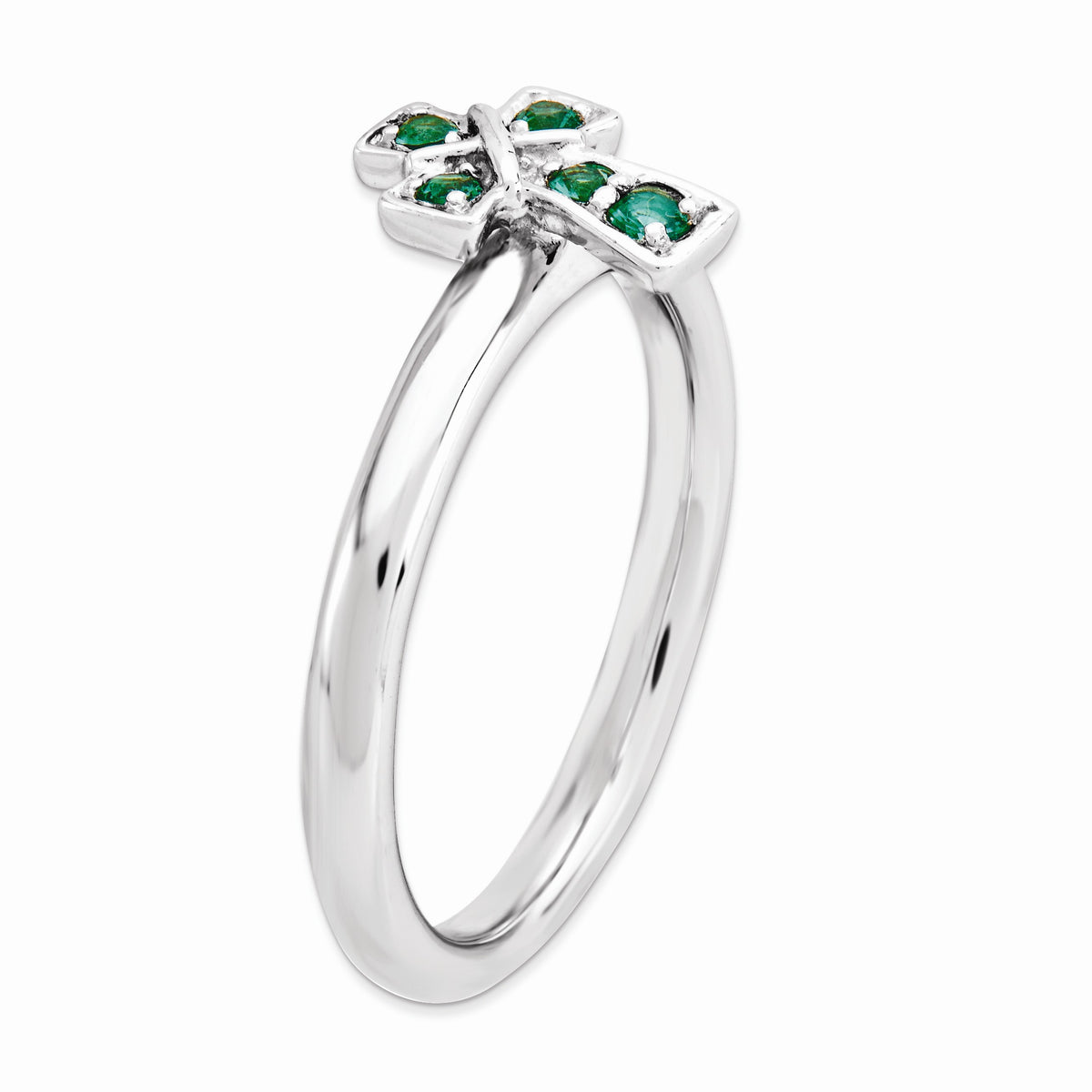 Alternate view of the Rhodium Sterling Silver Stackable Created Emerald 9mm Cross Ring by The Black Bow Jewelry Co.