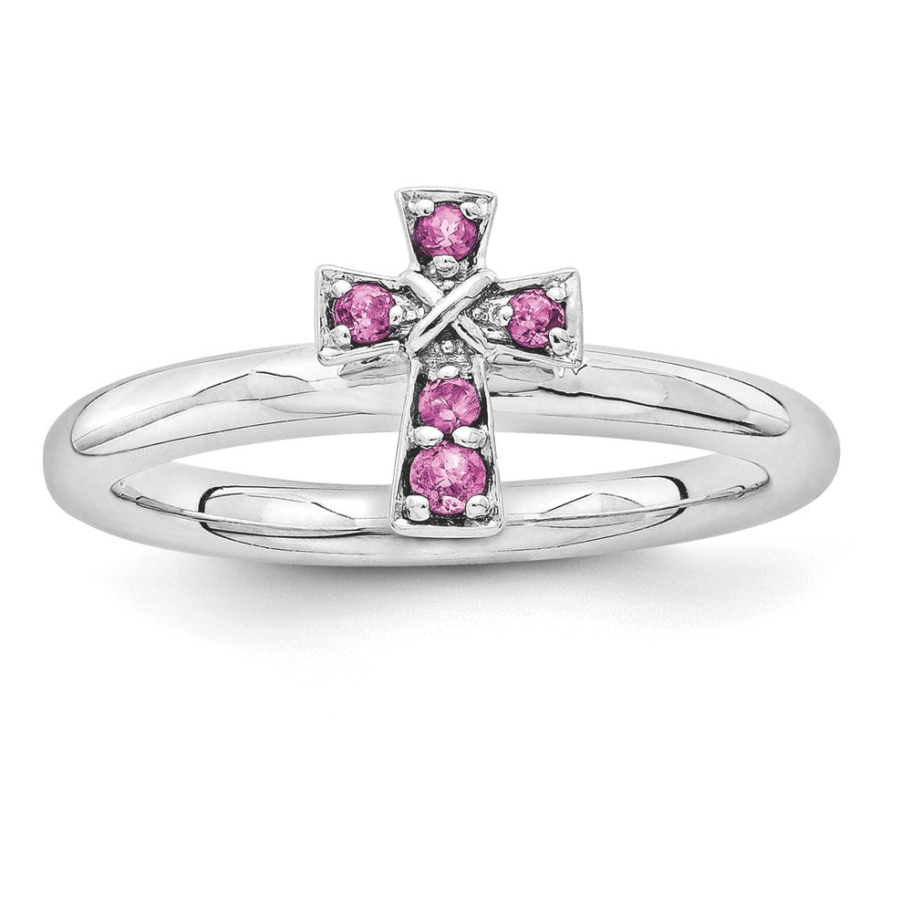 Rhodium Sterling Silver Stackable Rhodolite Garnet 9mm Cross Ring, Item R11161 by The Black Bow Jewelry Co.