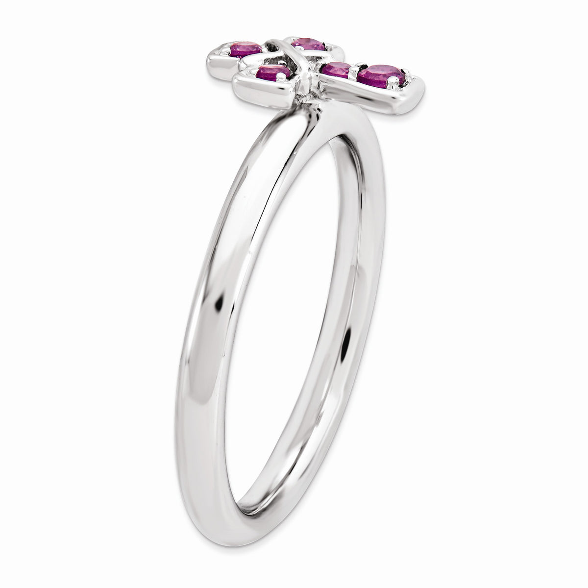 Alternate view of the Rhodium Sterling Silver Stackable Rhodolite Garnet 9mm Cross Ring by The Black Bow Jewelry Co.