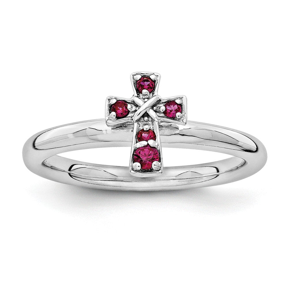 Rhodium Plated Sterling Silver Stackable Created Ruby 9mm Cross Ring, Item R11162 by The Black Bow Jewelry Co.