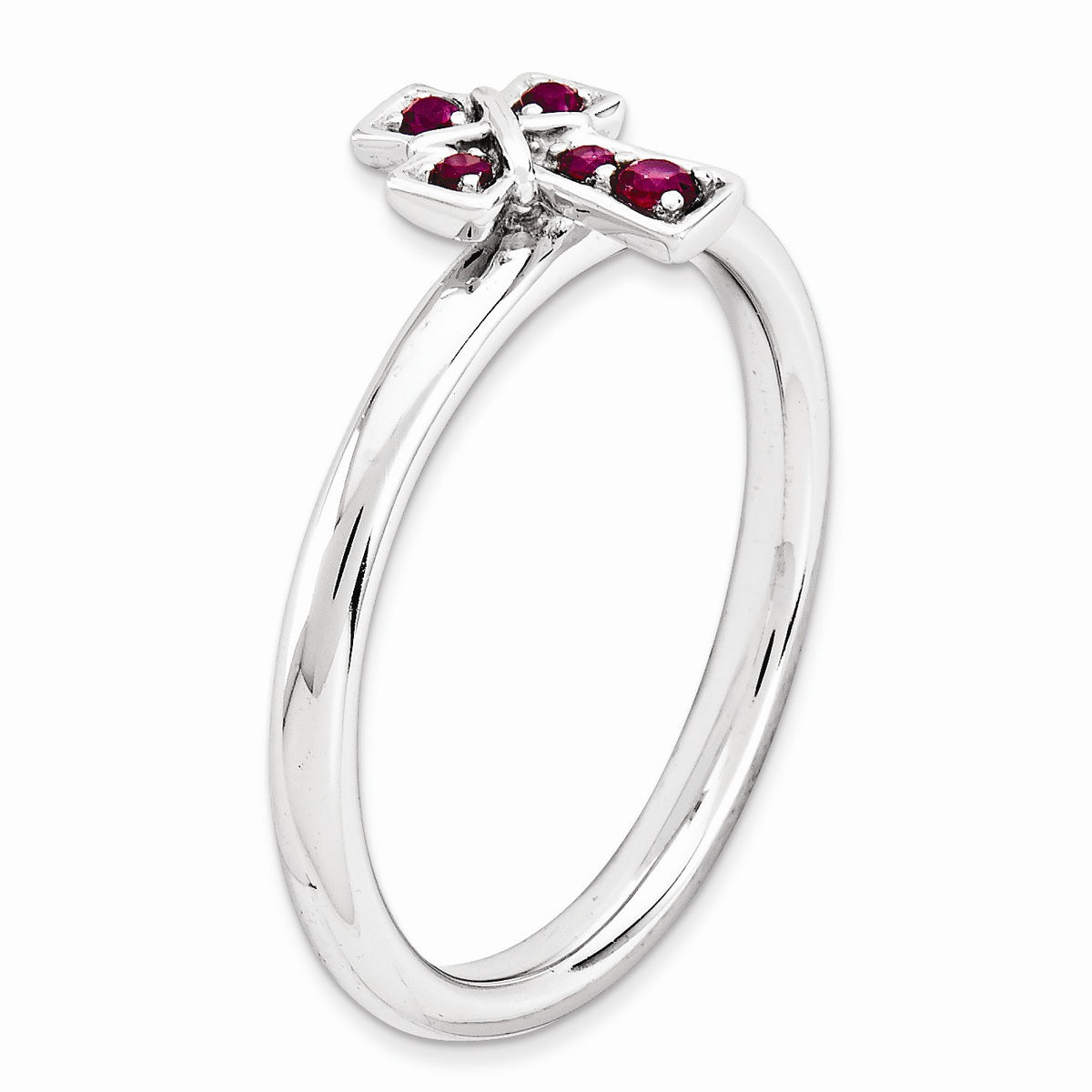 Alternate view of the Rhodium Plated Sterling Silver Stackable Created Ruby 9mm Cross Ring by The Black Bow Jewelry Co.