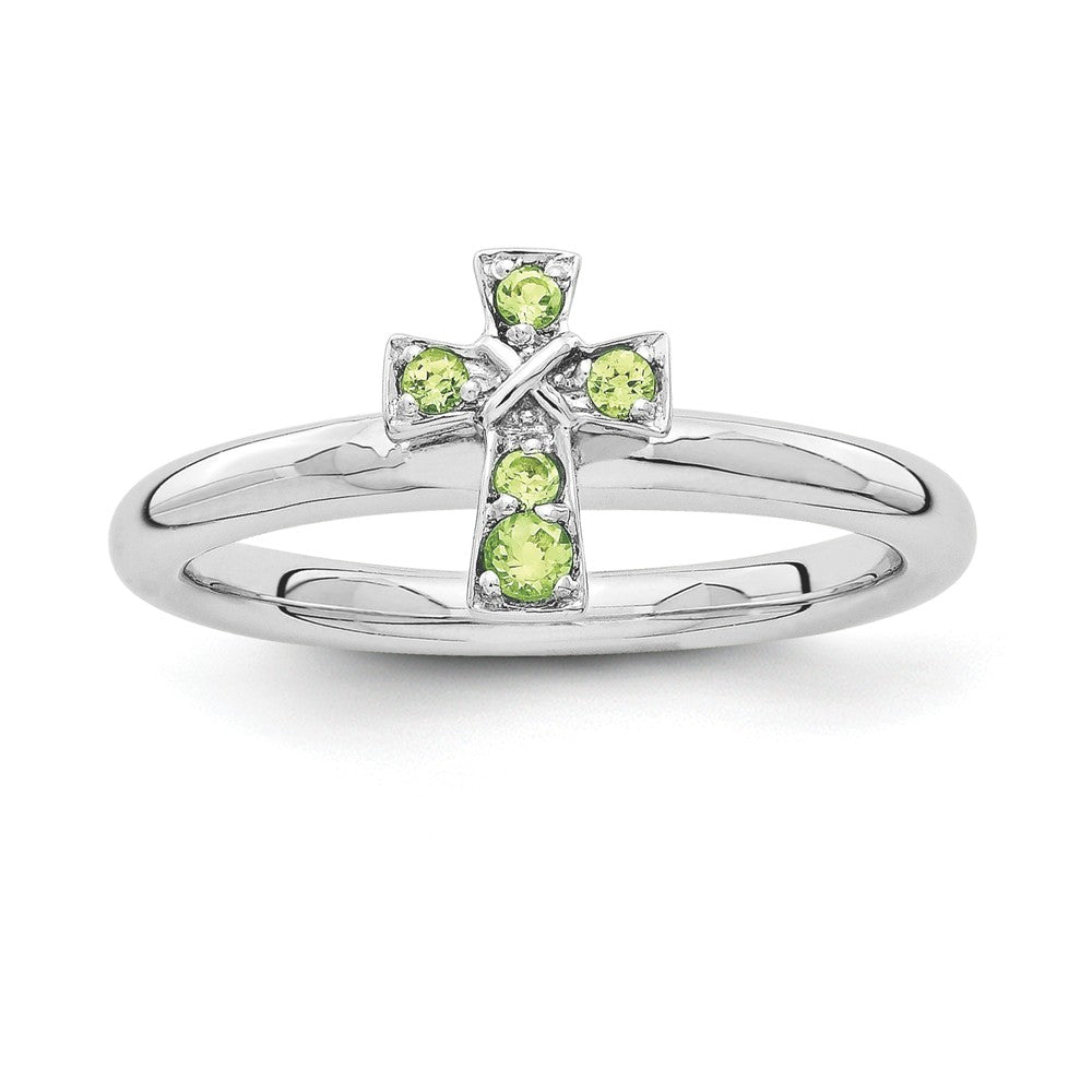 Rhodium Plated Sterling Silver Stackable Peridot 9mm Cross Ring, Item R11163 by The Black Bow Jewelry Co.