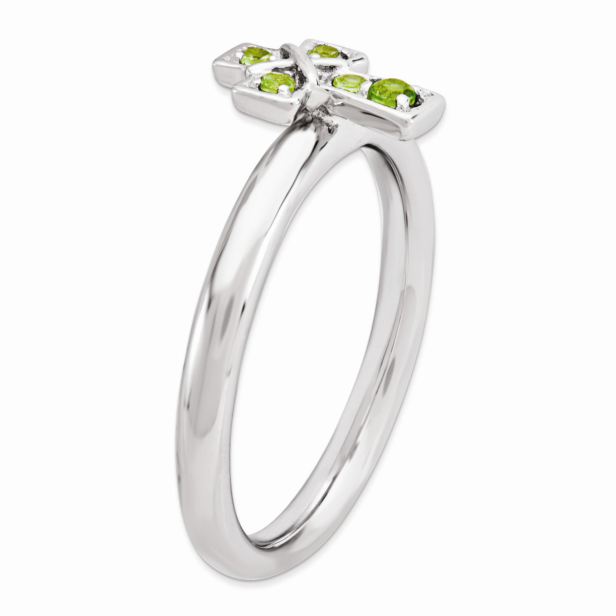 Alternate view of the Rhodium Plated Sterling Silver Stackable Peridot 9mm Cross Ring by The Black Bow Jewelry Co.