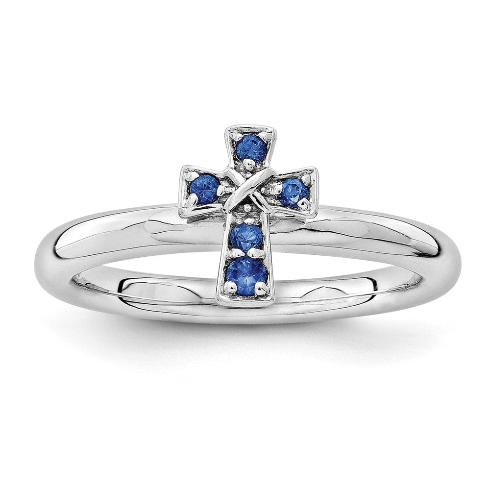 Rhodium Sterling Silver Stackable Created Sapphire 9mm Cross Ring, Item R11164 by The Black Bow Jewelry Co.
