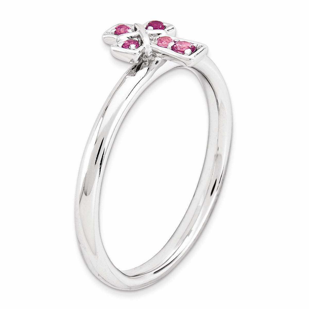 Alternate view of the Rhodium Sterling Silver Stackable Pink Tourmaline 9mm Cross Ring by The Black Bow Jewelry Co.