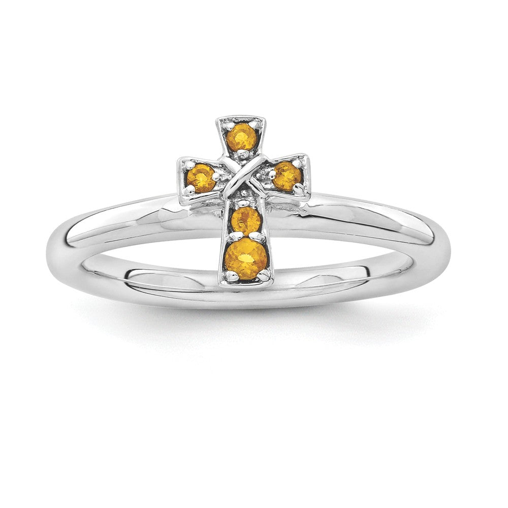 Rhodium Plated Sterling Silver Stackable Citrine 9mm Cross Ring, Item R11166 by The Black Bow Jewelry Co.