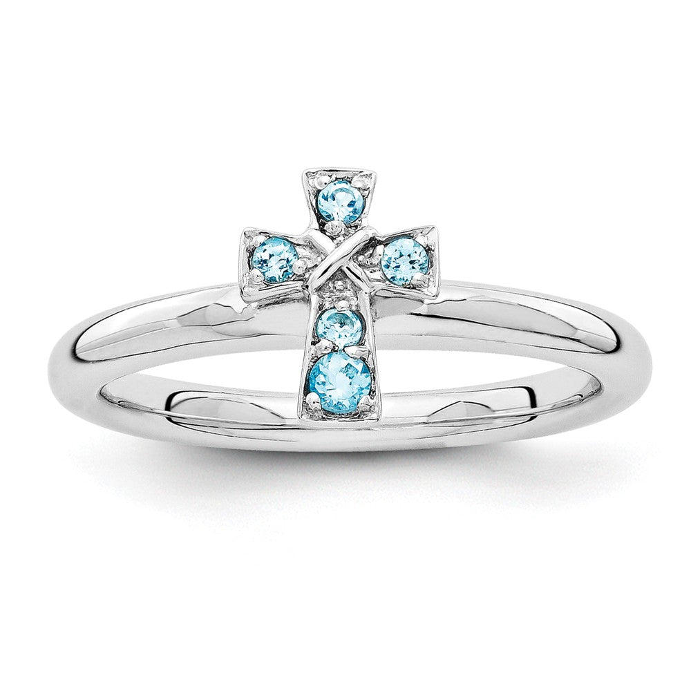 Rhodium Plated Sterling Silver Stackable Blue Topaz 9mm Cross Ring