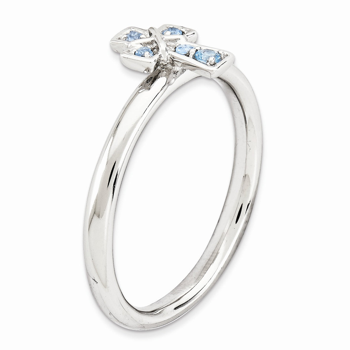 Alternate view of the Rhodium Plated Sterling Silver Stackable Blue Topaz 9mm Cross Ring by The Black Bow Jewelry Co.