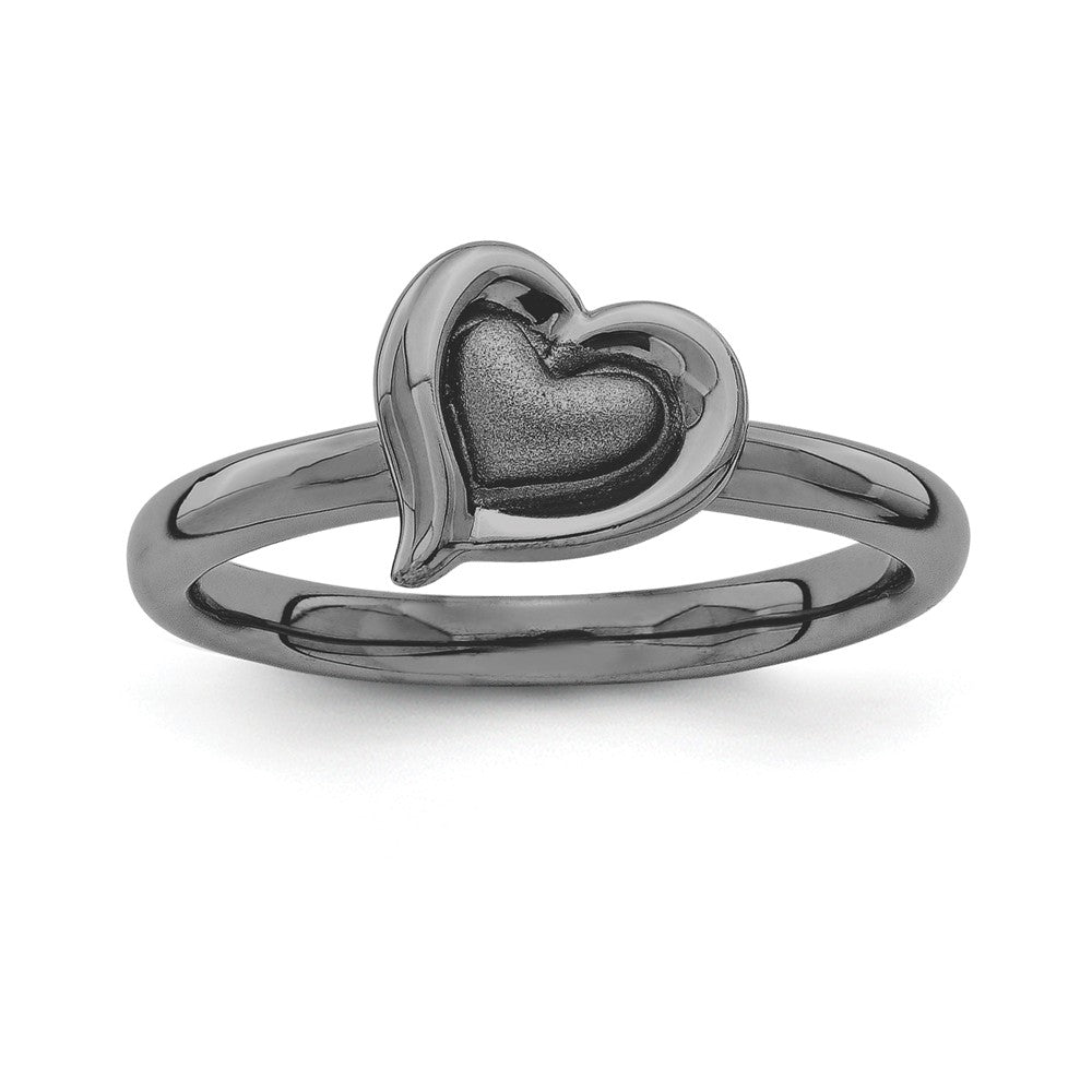 Black Plated Sterling Silver Stackable 9mm Heart Ring, Item R11171 by The Black Bow Jewelry Co.