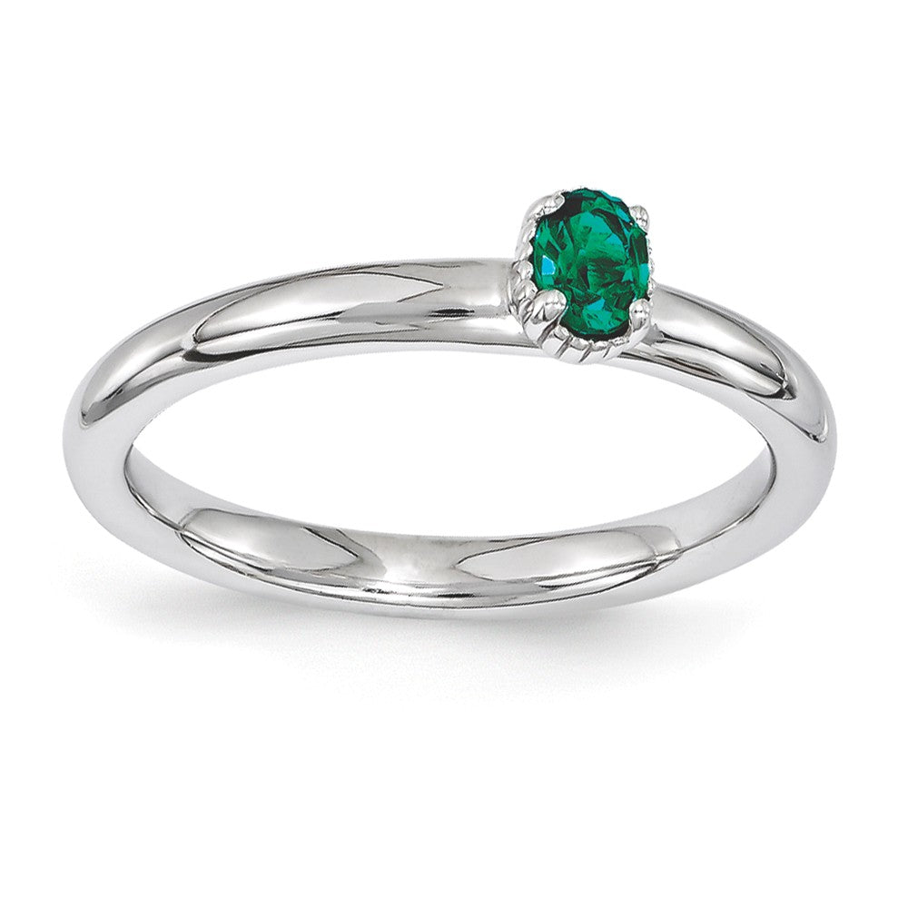 Sterling Silver Stackable Created Emerald Oval Single Stone Ring, Item R11172 by The Black Bow Jewelry Co.