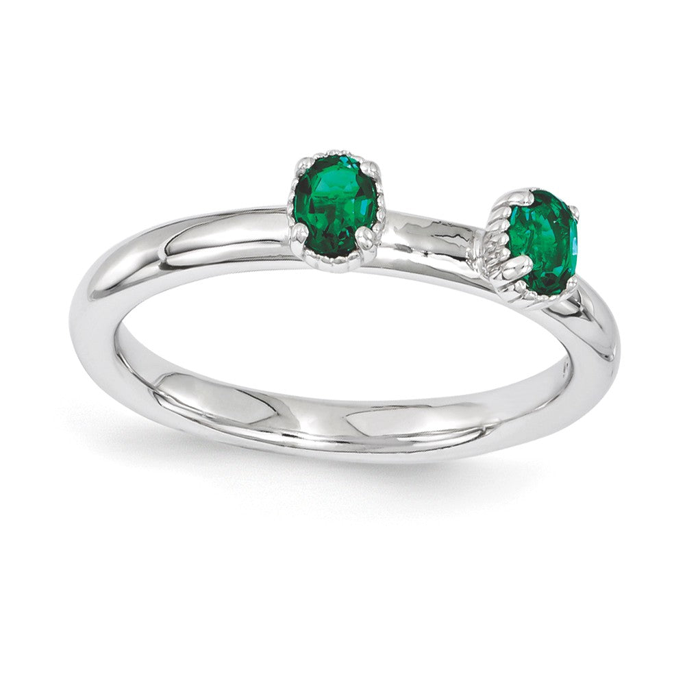 Sterling Silver Stackable Created Emerald Oval Two Stone Ring, Item R11173 by The Black Bow Jewelry Co.