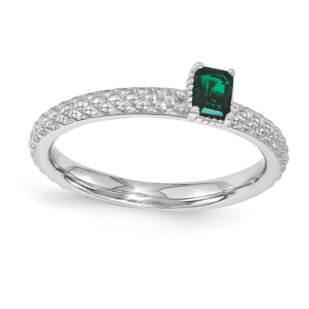 Sterling Silver Stackable Created Emerald Octagon Solitaire Ring, Item R11175 by The Black Bow Jewelry Co.